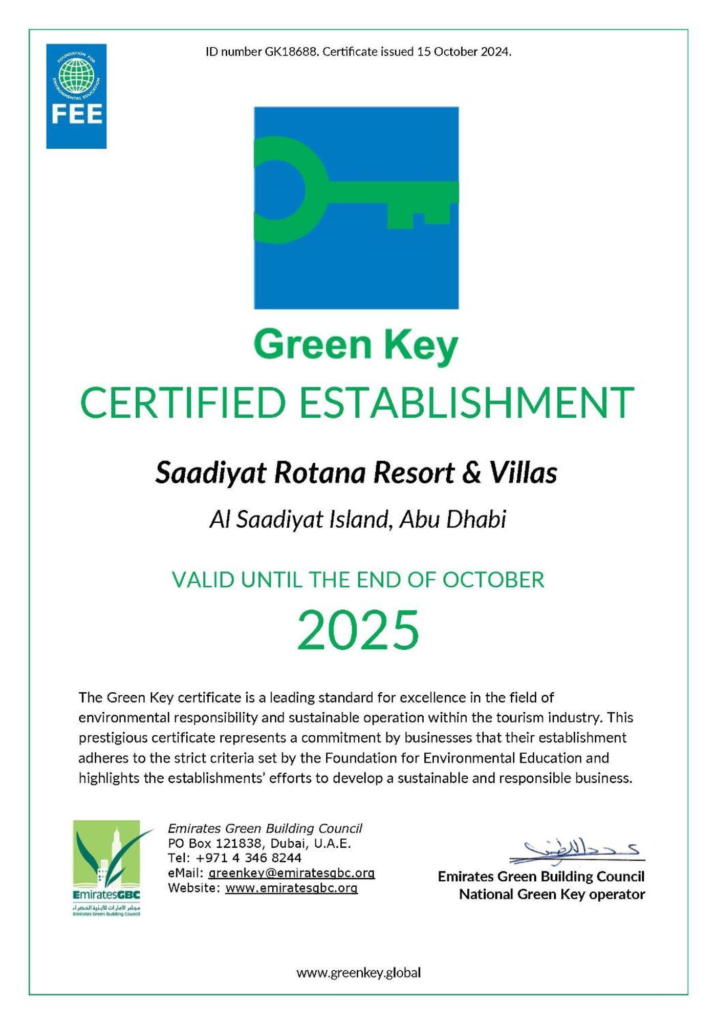 Saadiyat Rotana Resort And Villas Abu Zabi Zewnętrze zdjęcie Green Key Certificate